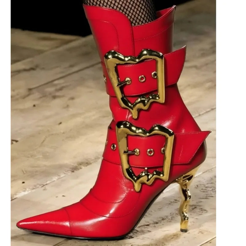 Shiny Metal Belt Buckle Side Zip Knee-High Boots for Women