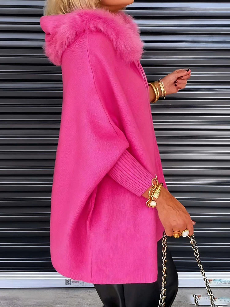 Autumn Winter Long Batwing Sleeve Chic Sweater Coats, Women Pocket Patchwork Simple Cardigan, Loose Casual Hooded Top Streetwear