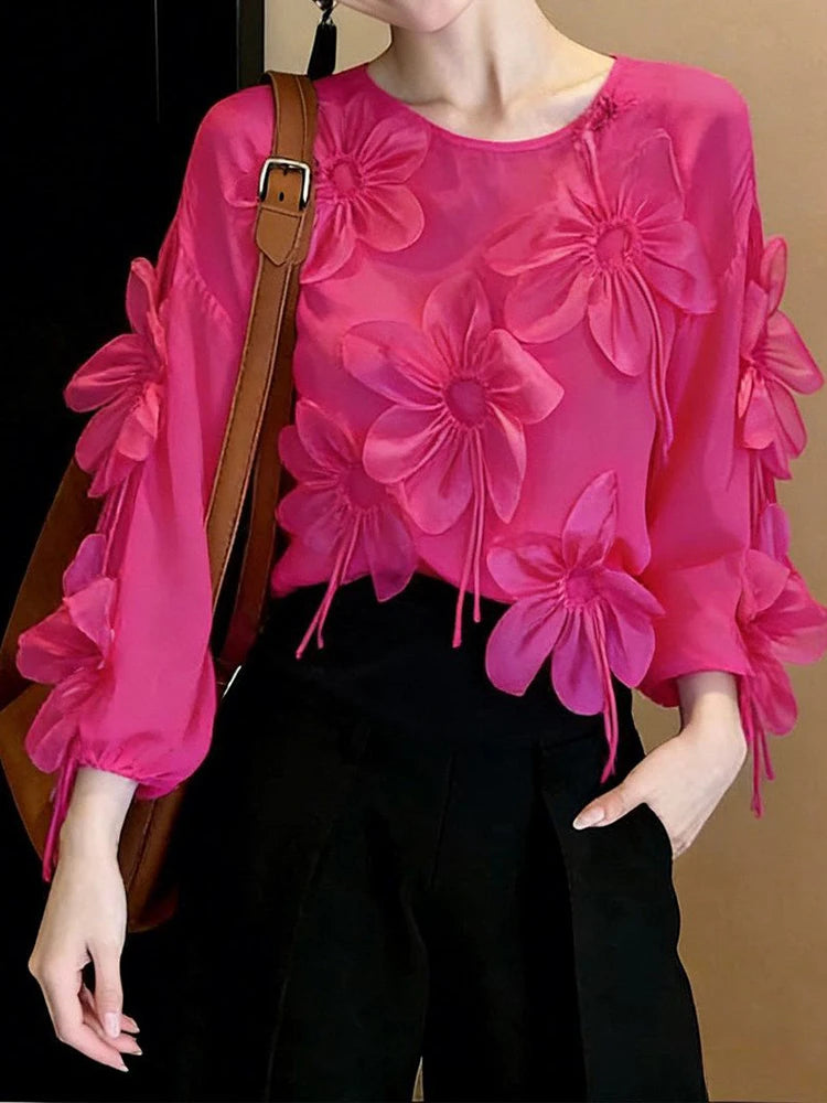Three Dimensional Flower Lightweight Long Sleeve Top for Women