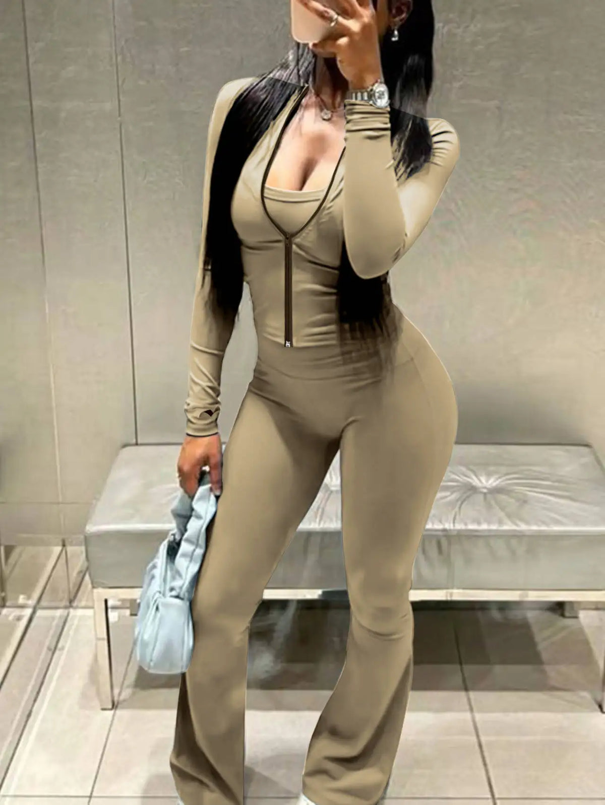 Zip Up Crop Top and High Waist Pants Tracksuit Set for Women