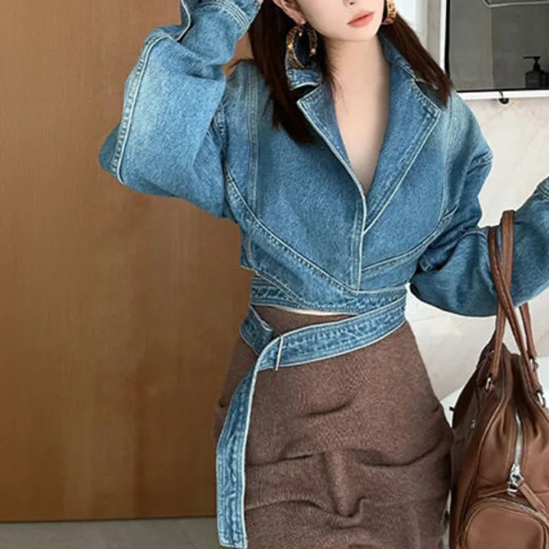 ANJY Autumn New Women Fashion Unique Lace- Up Distressed Washed Denim Jacket High Street Chic Versatile Casual Short Coat A16787