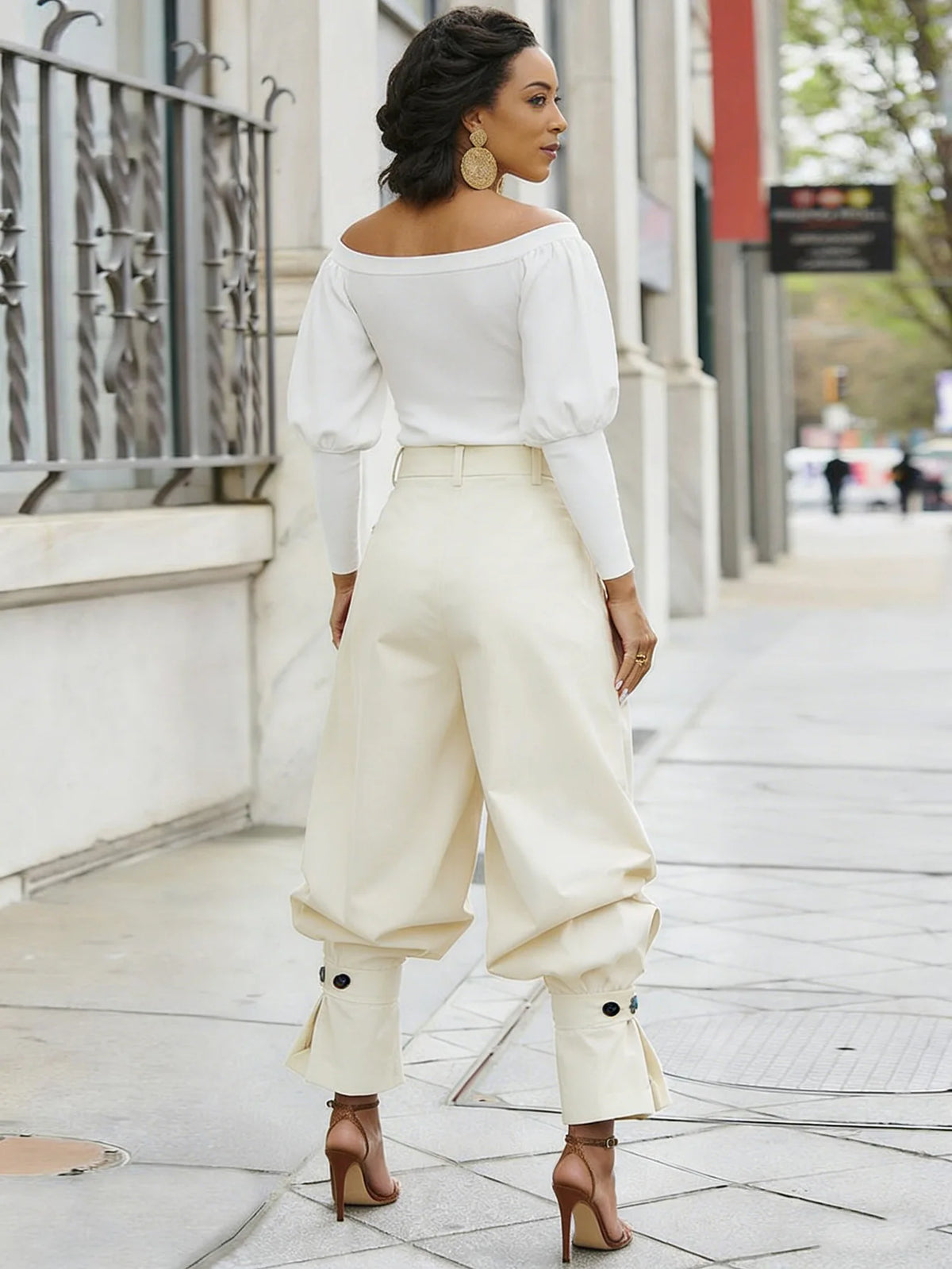 Ruched Stretch Wide Leg Casual Work Trousers for Women