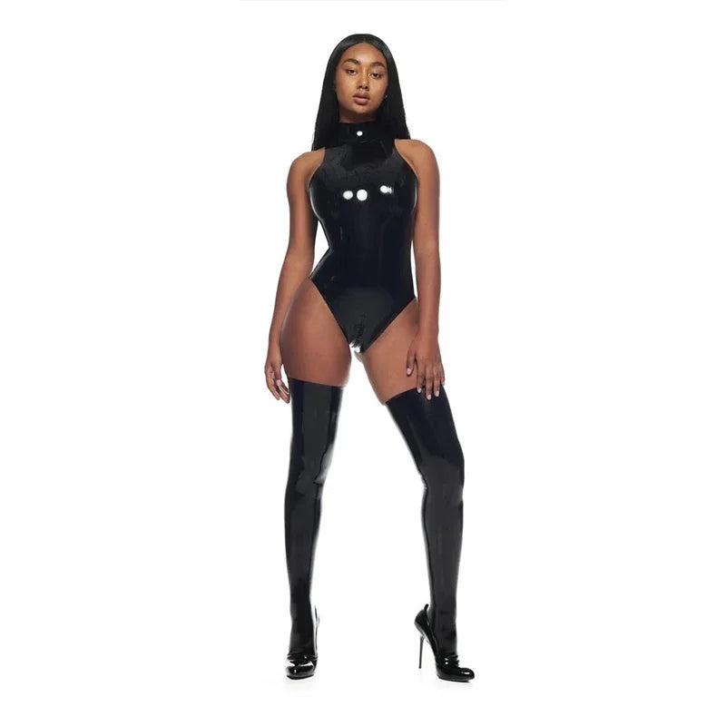 Classic High Neck Sleeveless Wet Look Bodysuit For Women