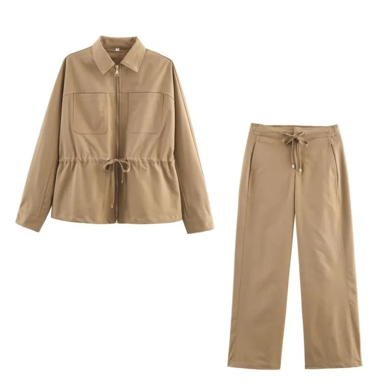 Casual Lapel Jacket And Drawstring Pants Set for Women