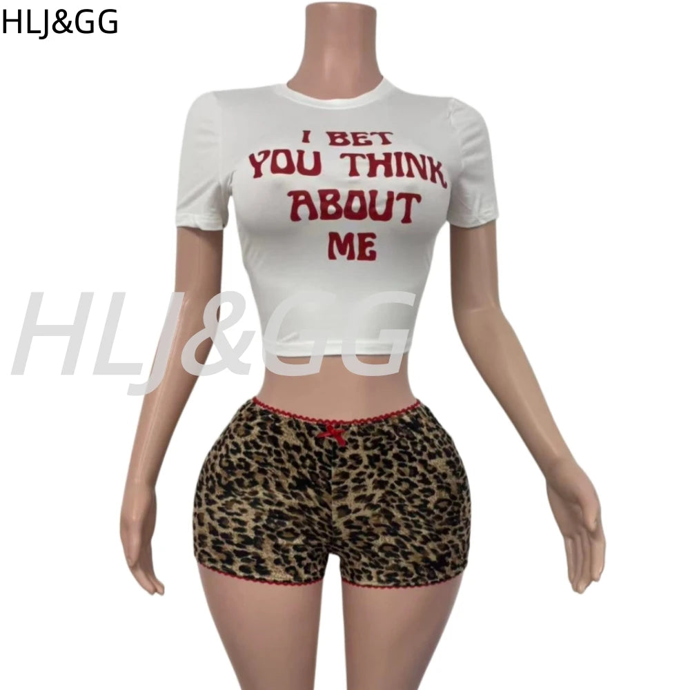 Leopard Print Two Piece Crop Top and Shorts Set for Women