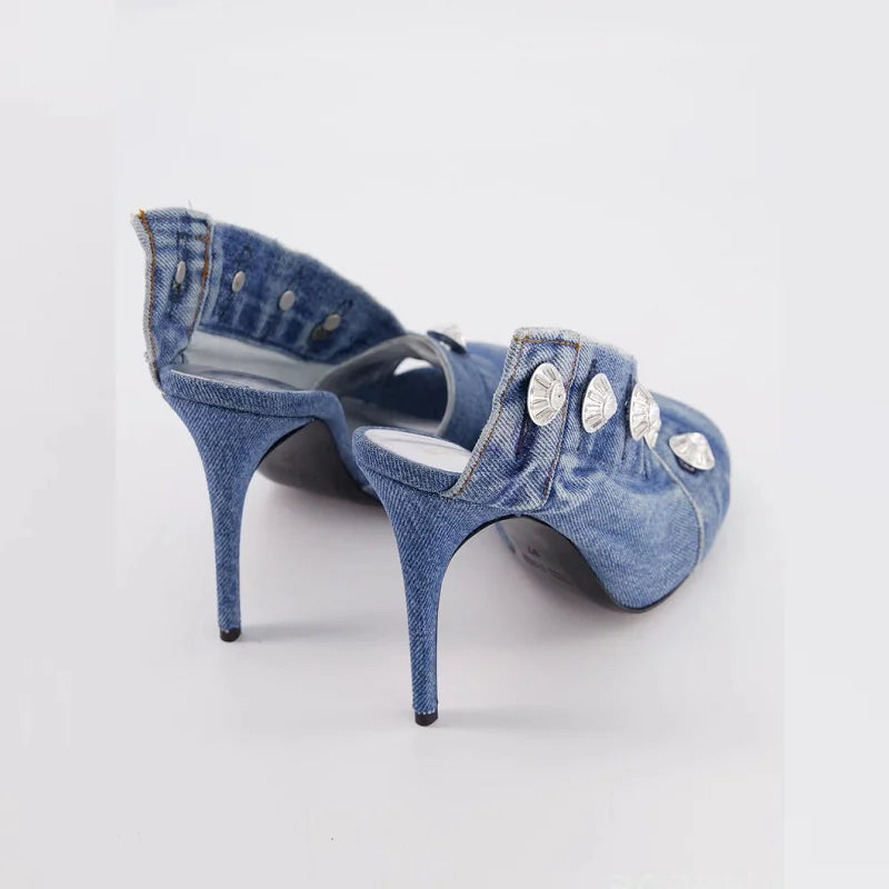 Classic Blue Denim Peep Toe Stiletto Heel Sandals for Women