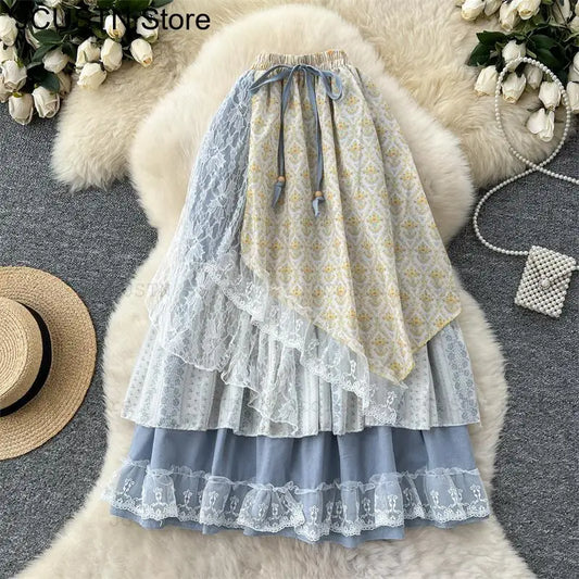High-Waist Patchwork Lace-Up Skirt