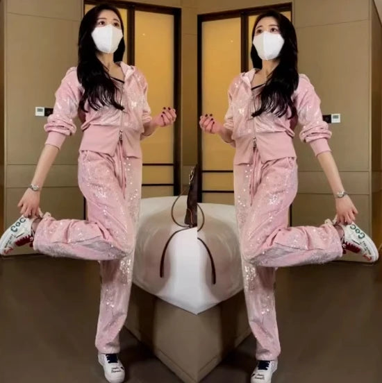 Fashion Velvet Casual Suit Winter Clothes New Sweet Sequins Hooded Fur Collar Sweatshirt Wide Leg Pants Ladies Two-Piece Set