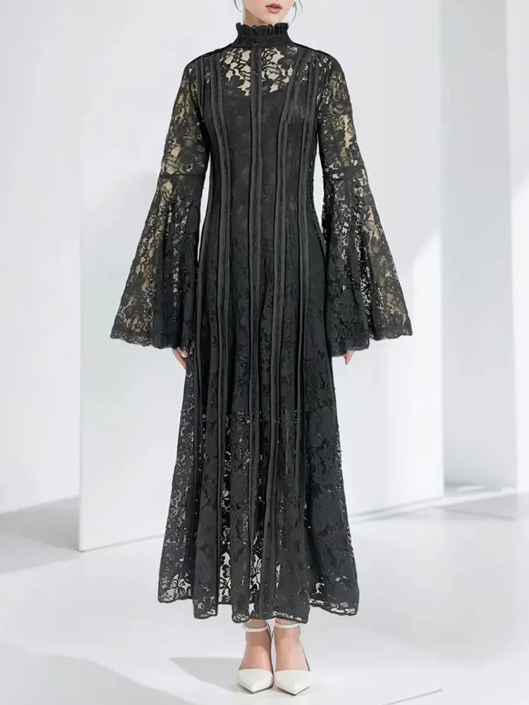 TWOTWINSTYLE Patchwork Lace Slimming Dresses For Women Stand Collar Flare Sleeve High Waist Solid Elegant Dress Female Fashion
