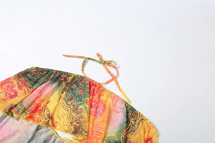 Colorful Print Halter Backless Two Piece Set for Women