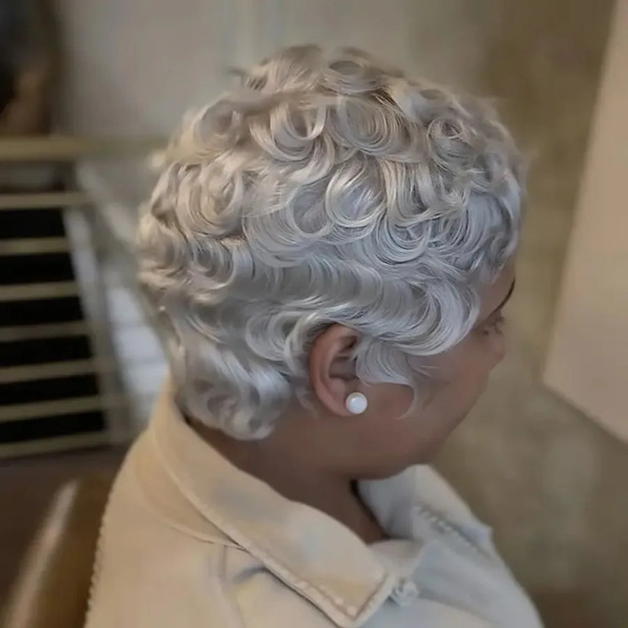 Natural Gray Loose Curly Pixie Cut Human Hair Wig For Women