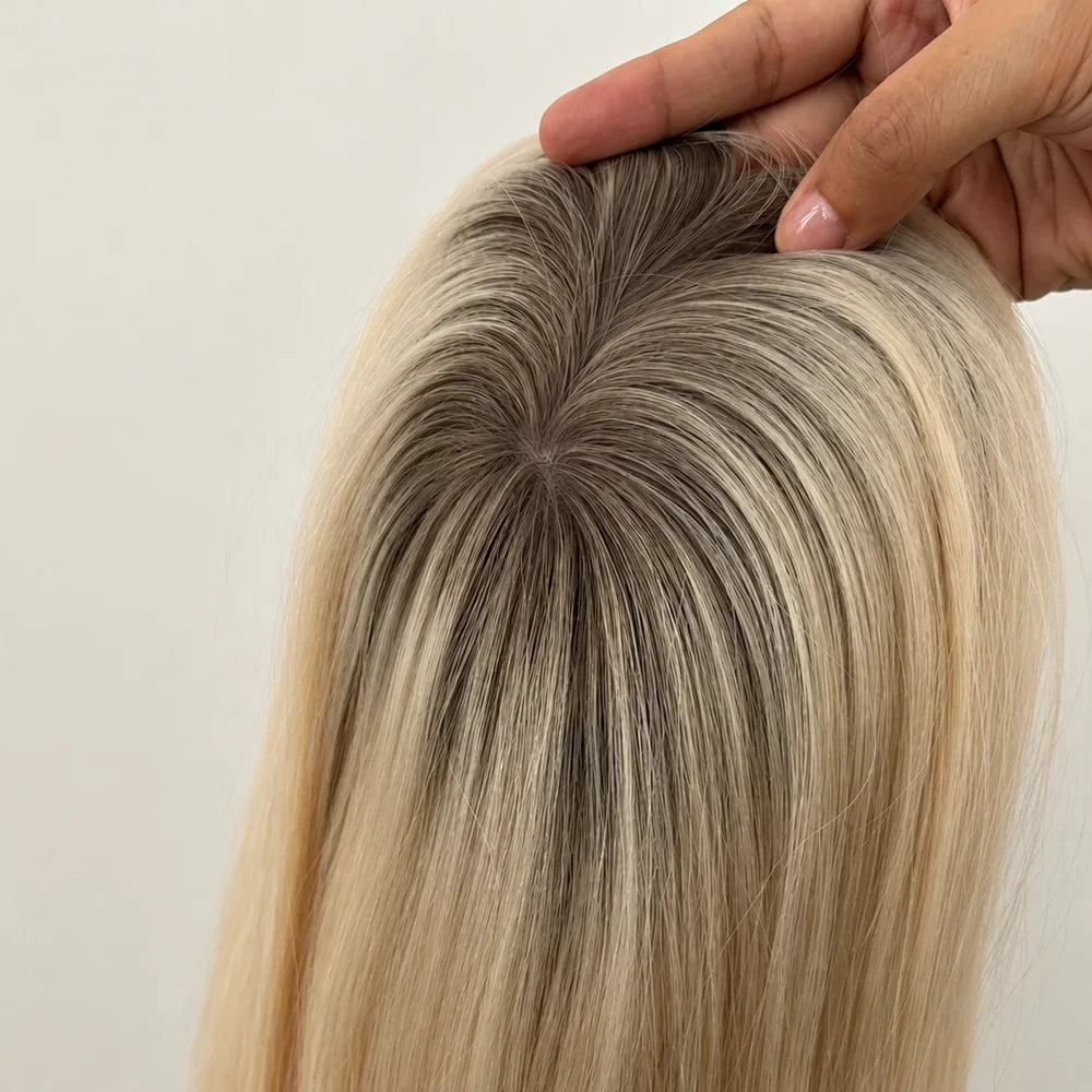 Natural Light Blonde Straight Human Hair Silk Top Wig for Women