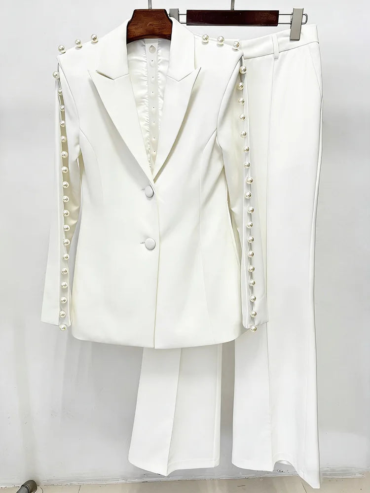 HIGH STREET Newest 2026 Designer Runway Suit Set Women's Pearls Beaded Gauze Patchwork Slim Fitting Blazer Pants Set