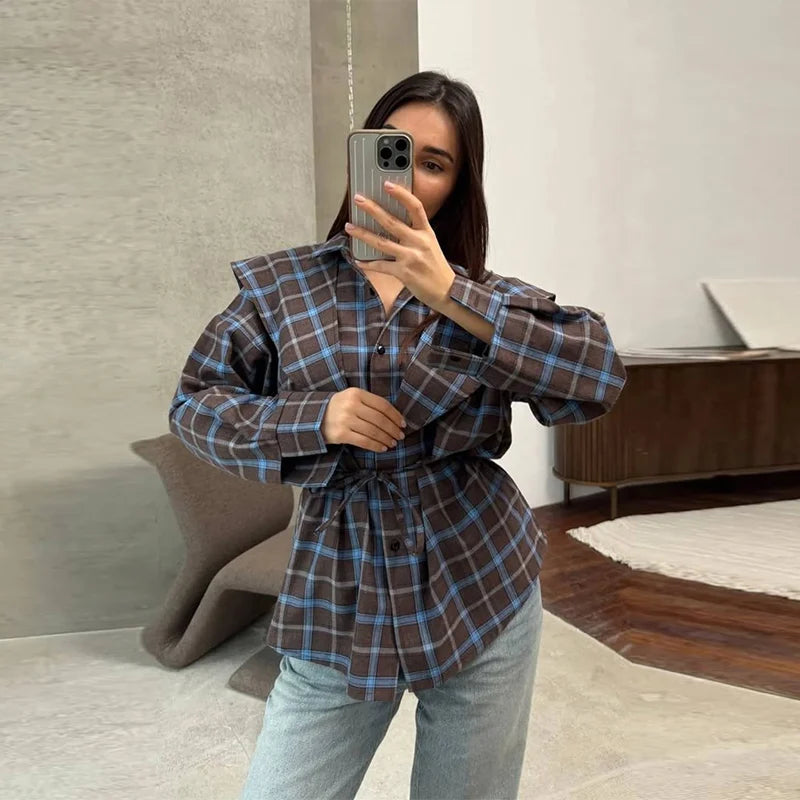 Elegant Plaid Patchwork Long Sleeve Shirt for Women