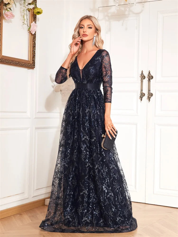 New Elegant Blue V-Neck Floral Evening Dress Long 2025 Luxury Women Long Sleeve Wedding Party Cocktail Dress Prom