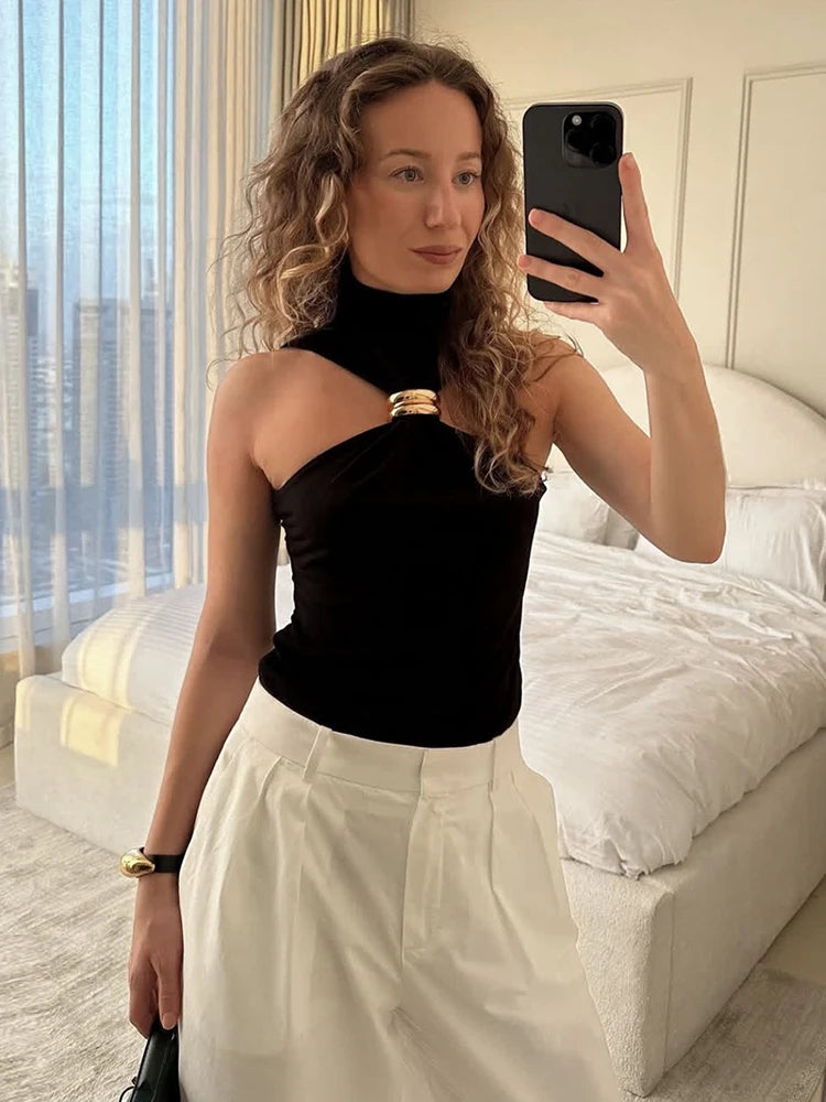 TARUXY Gold Ring Sleeveless Off-shoulder Top Female High Elasticity Fashion Slim Camis Streetwear 2025 New Summer Lady T shirt