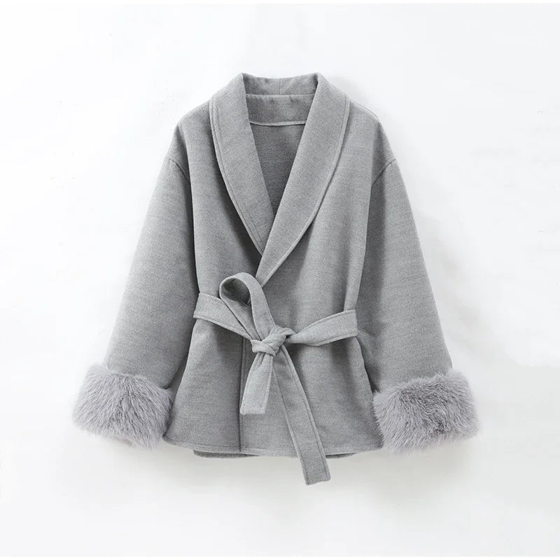 Faux Fur Wool Blend Longline Lapel Overcoat for Women