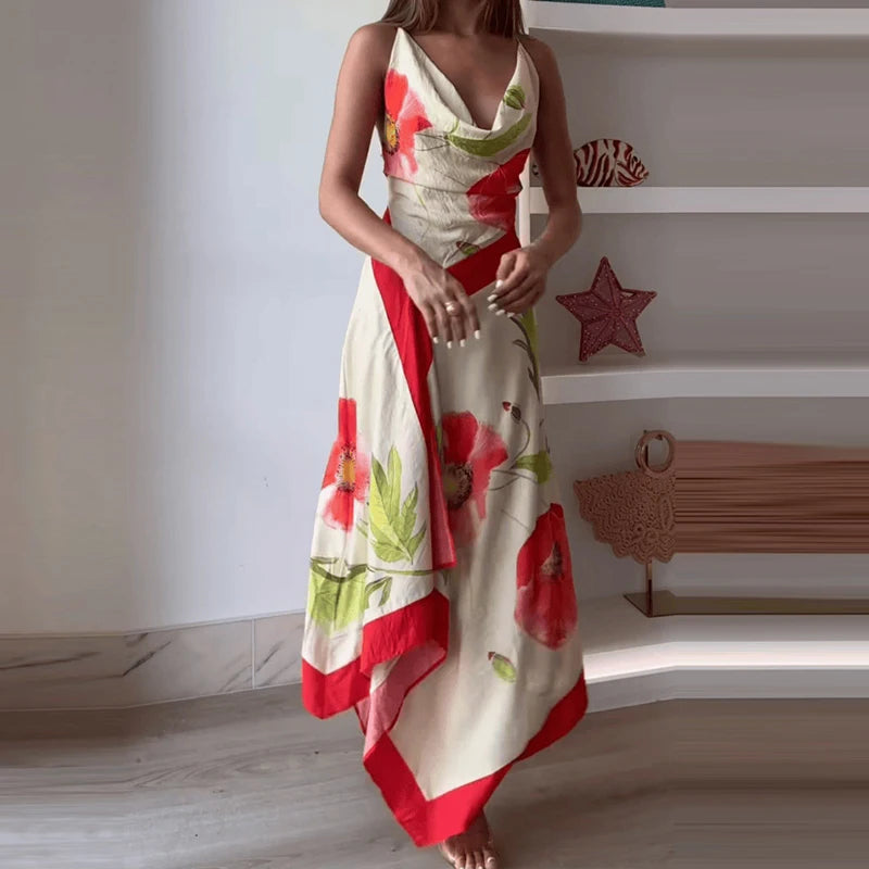 Irregular Off Shoulder Women's Holiday Dress Woman Fashion Sleeveless Beach Maxi Dress Summer Sexy Suspender Printed Long Dress