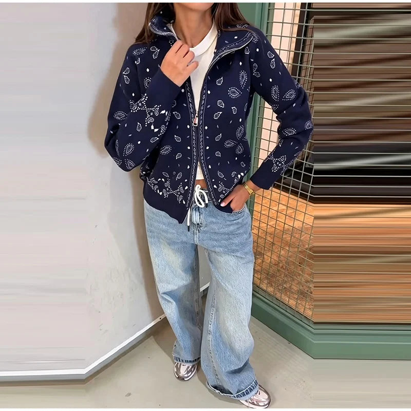 Vintage Printed Knit Stand Collar Zip Cardigan for Women