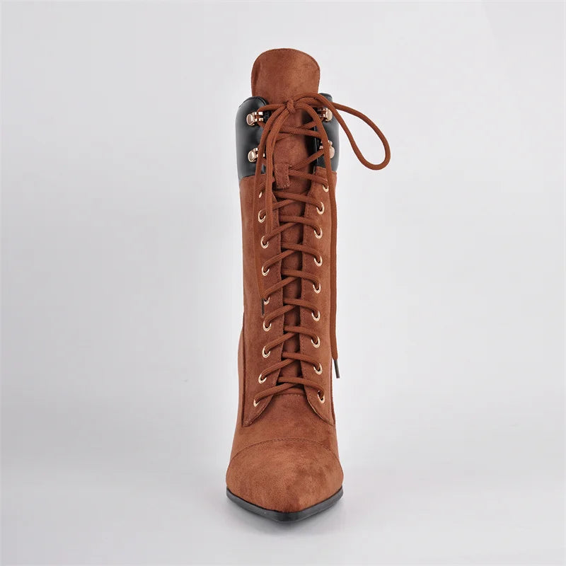 Pointed Toe Lace Up Stiletto Mid Calf Boots for Women