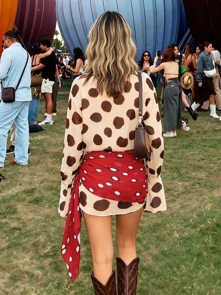 Full Sleeve Polka Dot Patchwork Bodycon Dress for Women