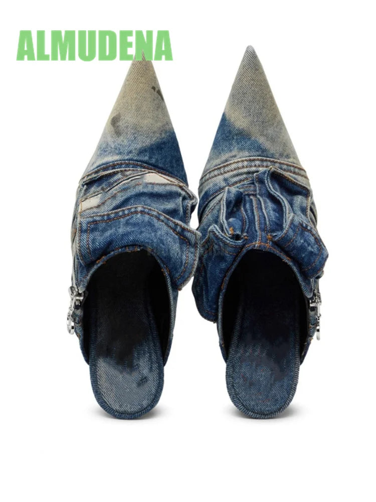Denim Wrapped Thin High Heel Pointed Toe Pumps For Women