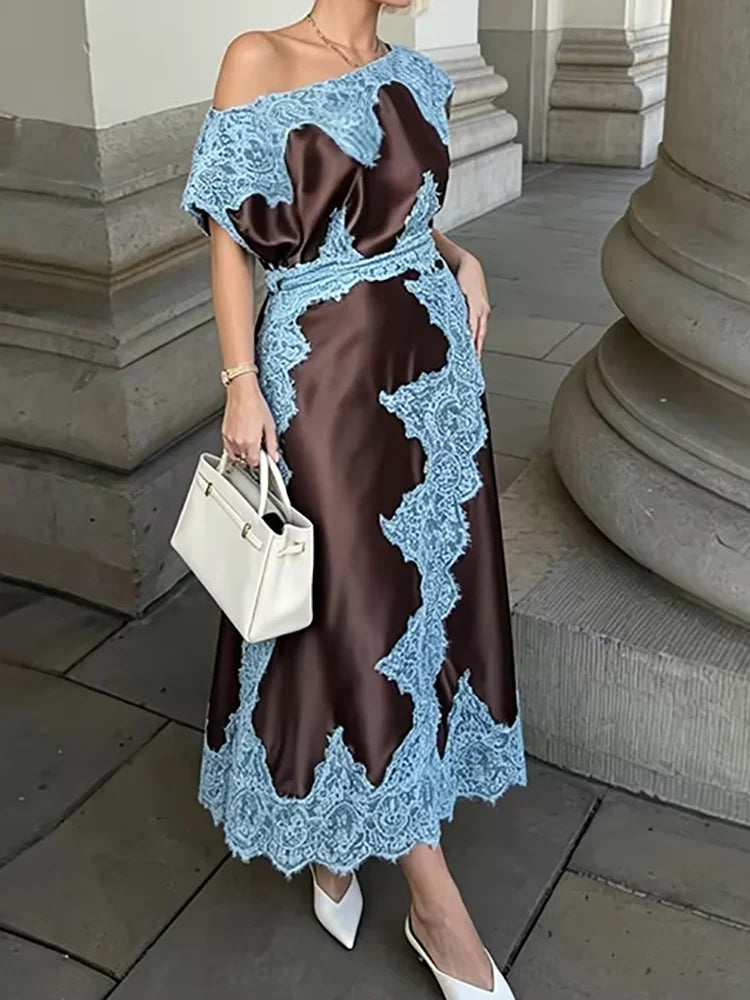 Lace Patchwork Short Sleeve Slash Neck Maxi Dress for Women