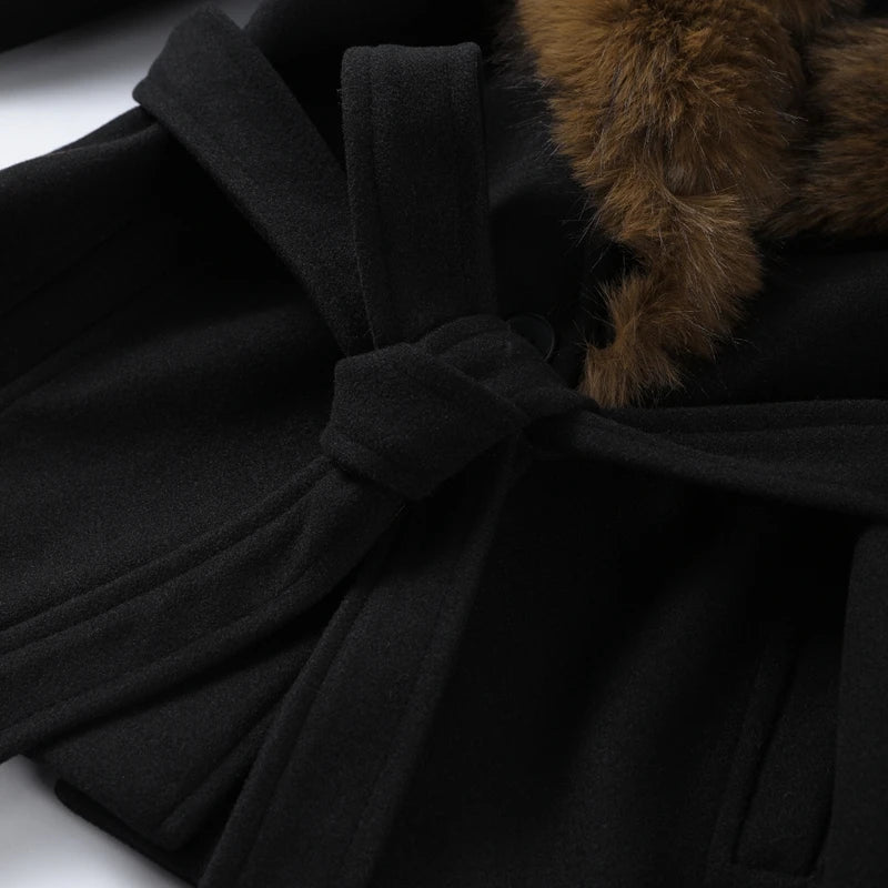 Shawl Faux Fur Coat With Lace Up Belt for Women