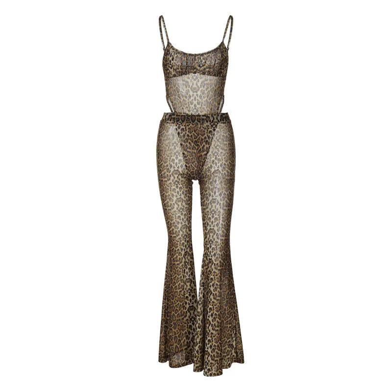 Leopard Mesh Bodysuit And Flare Pants Set for Women
