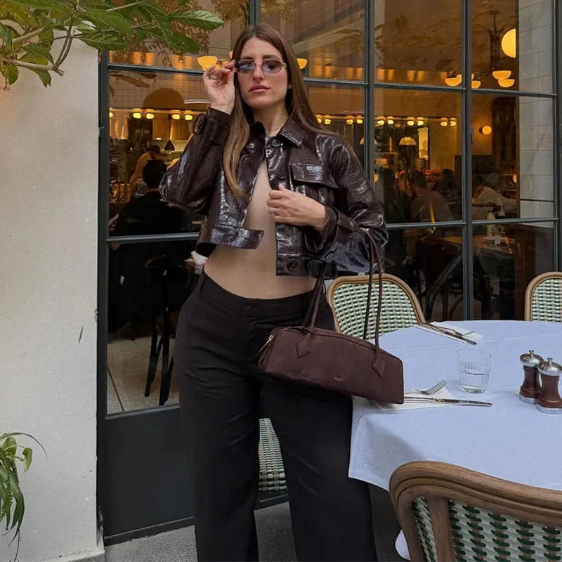 PU Leather Turn-Down Collar Jacket and Pants Set for Women
