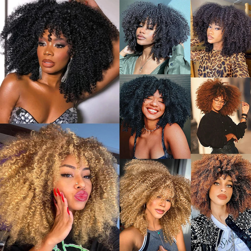 Soft Short Fluffy Afro Curly Wig With Bangs For Women