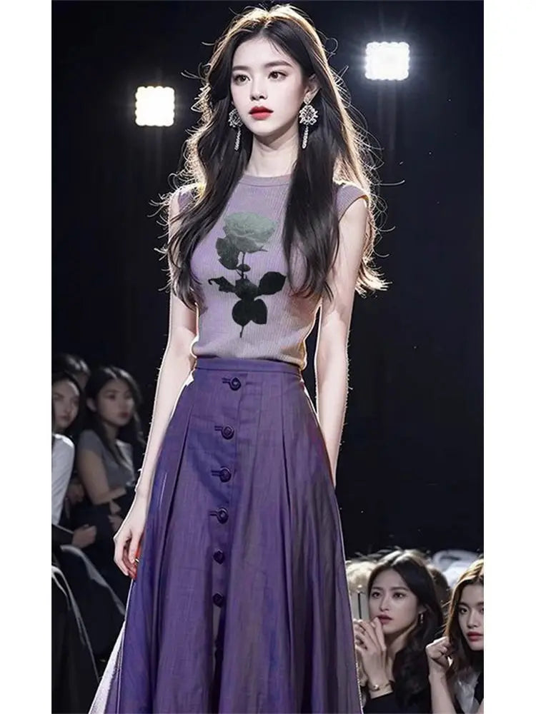 Floral Print Two Piece Set With T Shirt Top And Pleated Skirt for Women