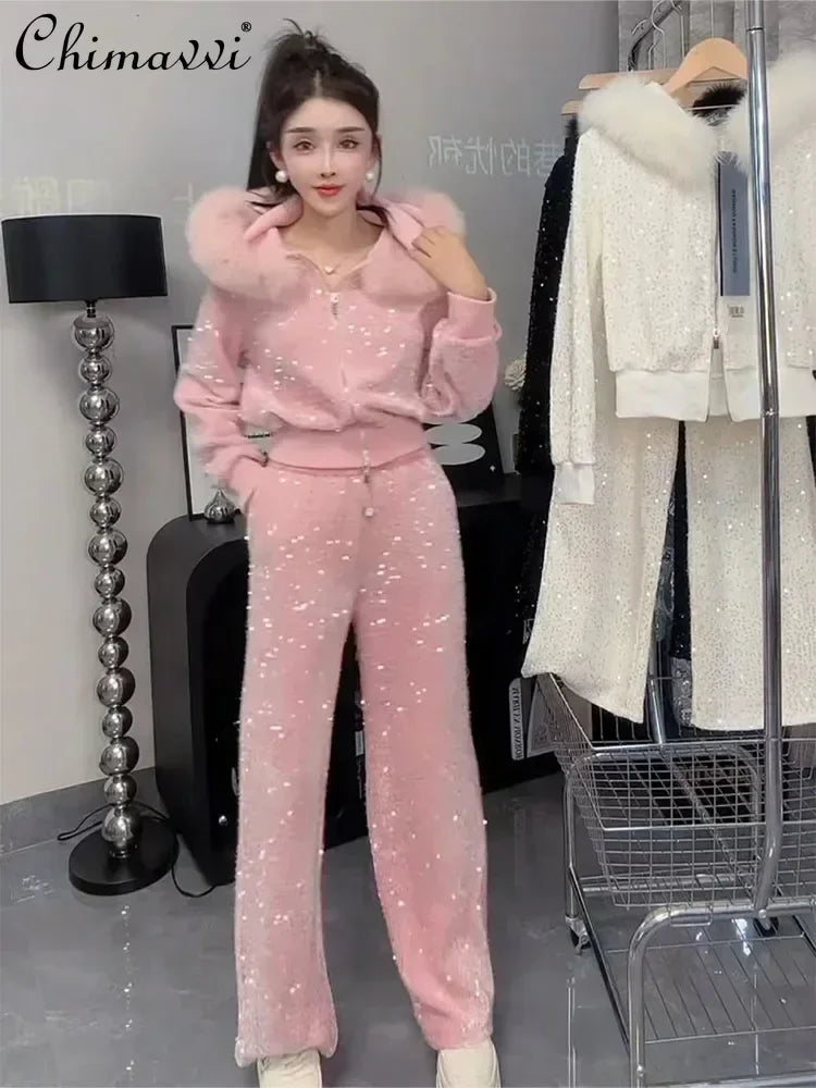 Fashion Velvet Casual Suit Winter Clothes New Sweet Sequins Hooded Fur Collar Sweatshirt Wide Leg Pants Ladies Two-Piece Set