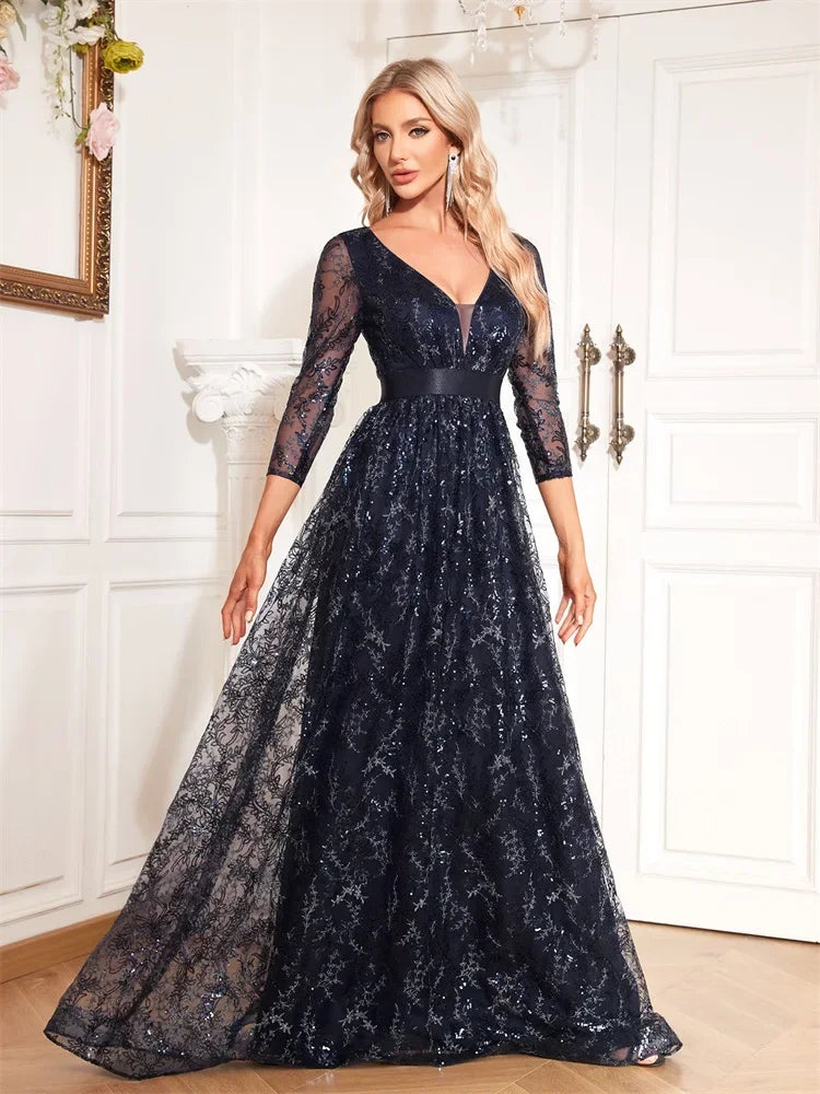 New Elegant Blue V-Neck Floral Evening Dress Long 2025 Luxury Women Long Sleeve Wedding Party Cocktail Dress Prom