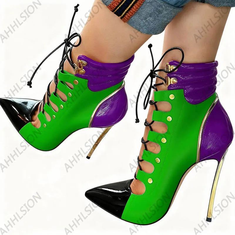 Pointed Toe Purple Leather Ankle Boots With Gold Accents For Women