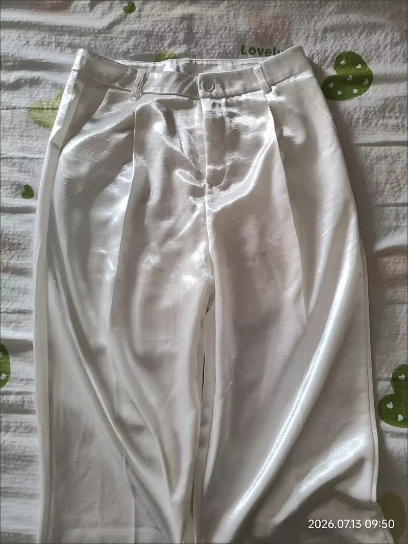 High Waist Solid Color Satin Wide Leg Trousers For Women