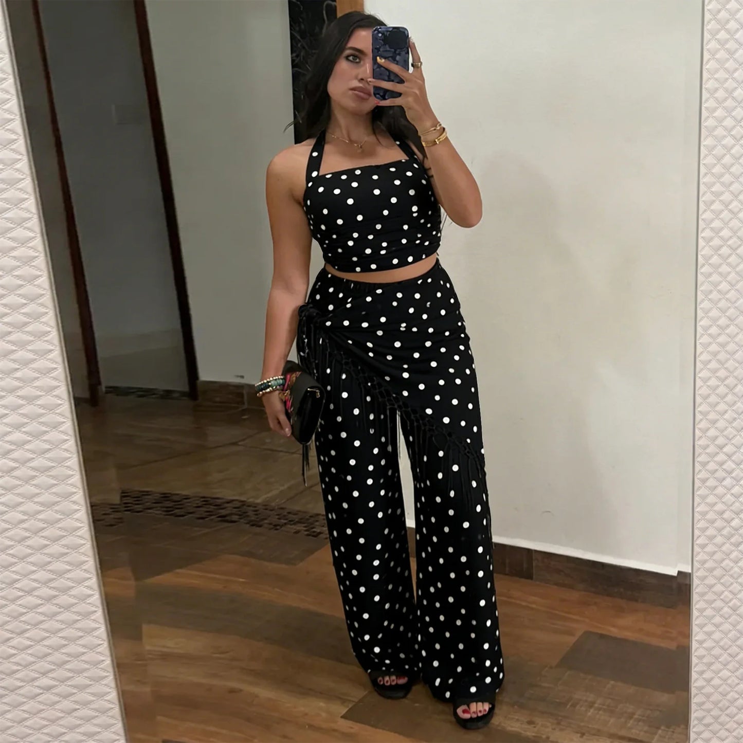Polka Dot Print Halter Crop Top Tassel Fringe Two Piece Outfit for Women