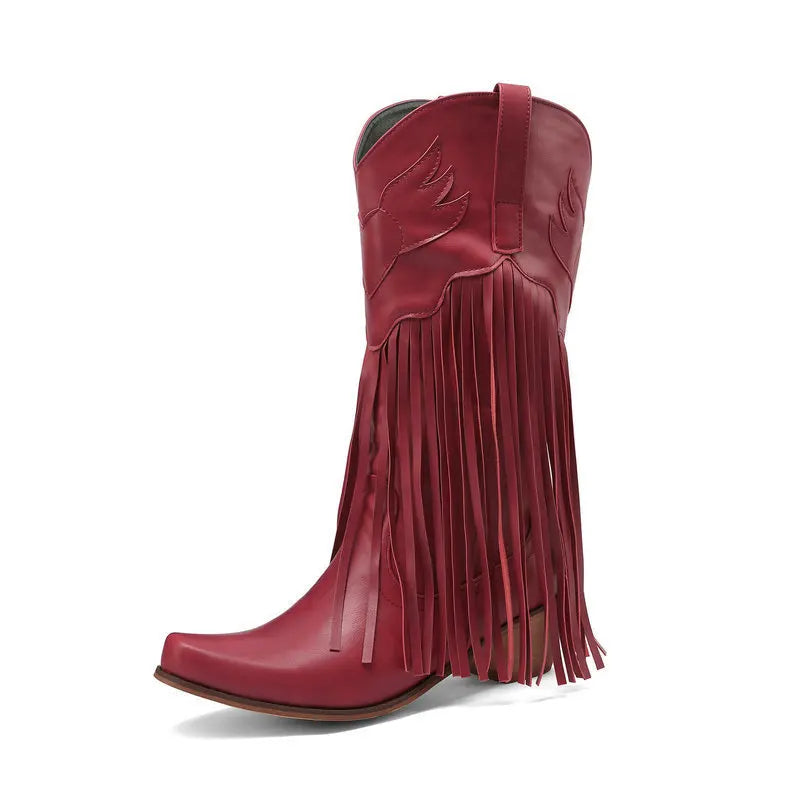 Retro Western Style Mid Calf Boots With Block Heel Tassels For Women