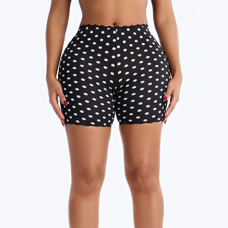 Polka Dot Lace Edge Stretchy Moto Biker Shorts for Women