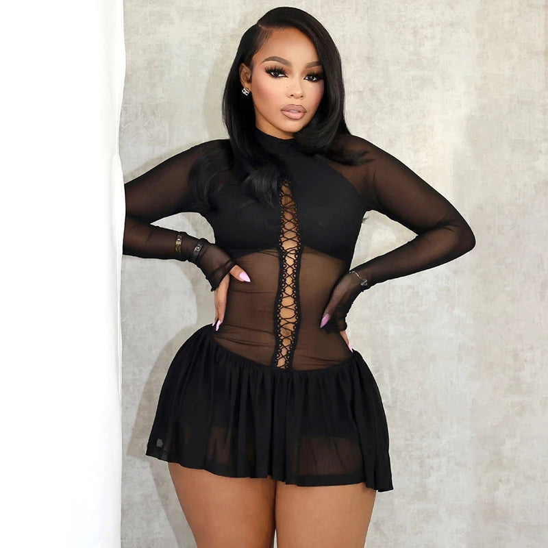 Mesh Patchwork Pleated Bodycon Mini Dress for Women