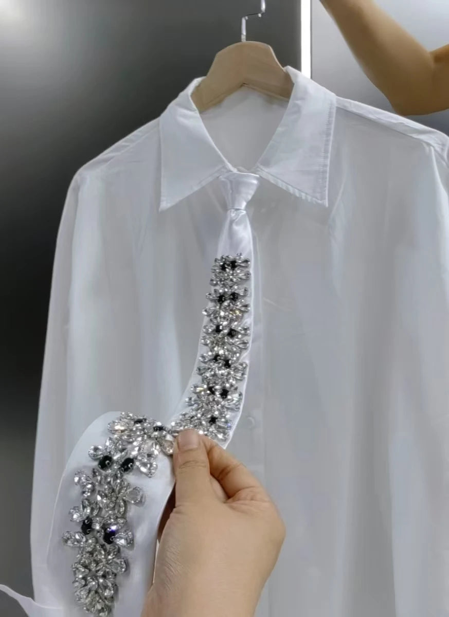 Relaxed Fit Diamond Embellished Long Sleeve Cotton Shirt for Women