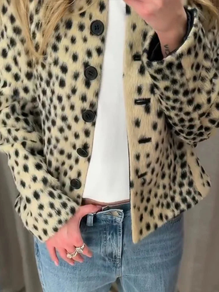 Leopard Print Faux Fur Single Breasted Crop Jacket for Women