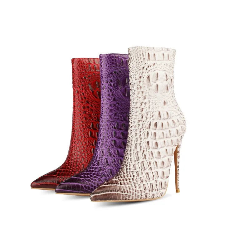 Purple Crocodile Stiletto Ankle Boots