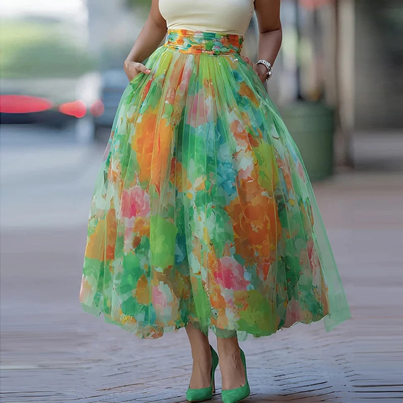 Floral Pleated High Waist A Line Midi Skirt for Women