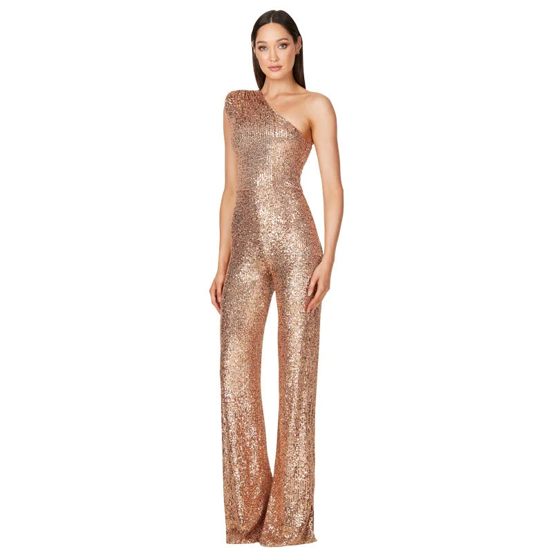 Sequined One Shoulder Wide Leg Jumpsuit