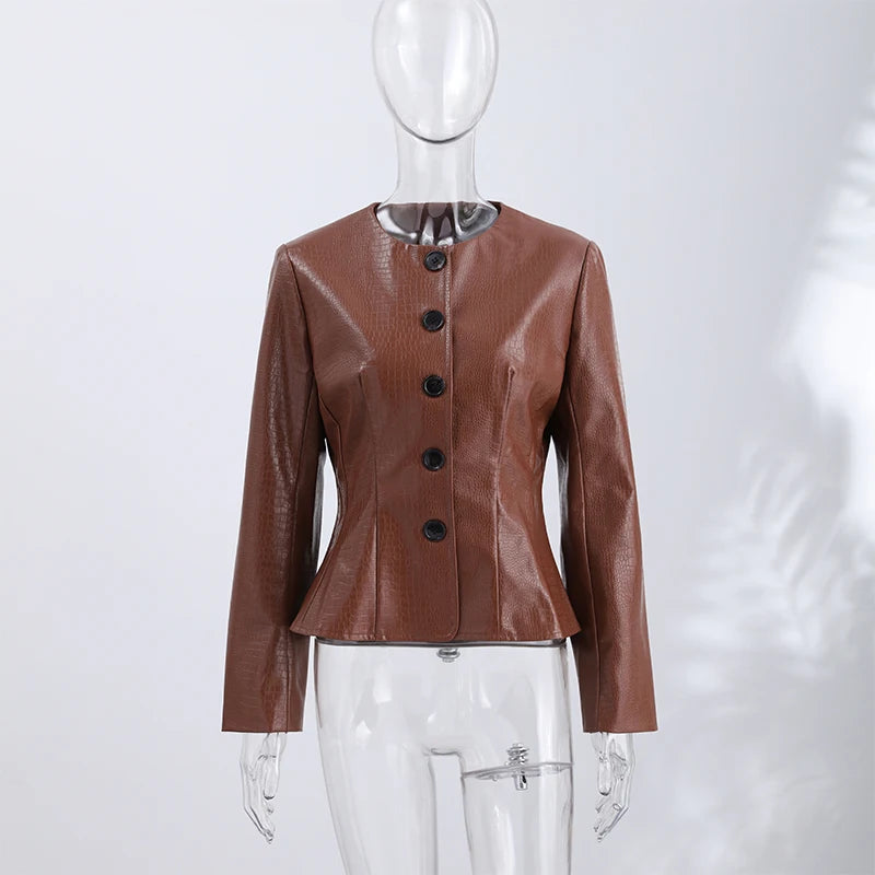 Slim Fit Single Breasted Faux Leather Jacket for Women