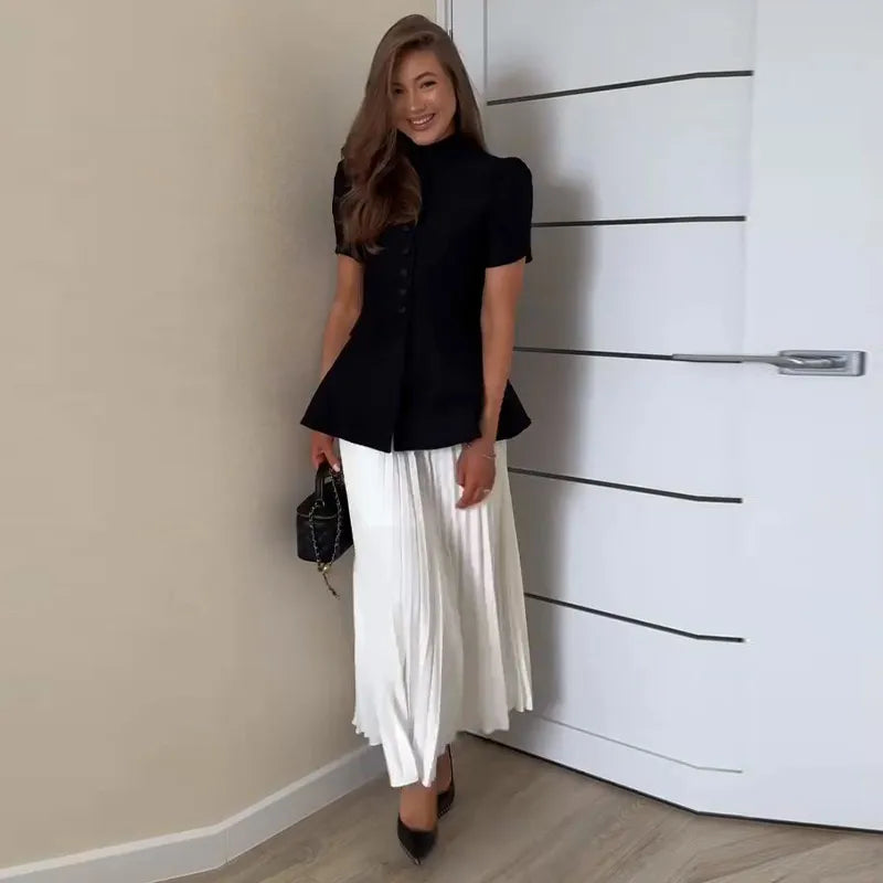 Chic Two Piece Blazer and Pleated Skirt Set for Women