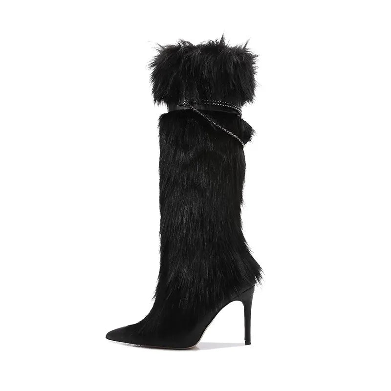 Elegant Faux Fur Knee High Stiletto Boots for Women