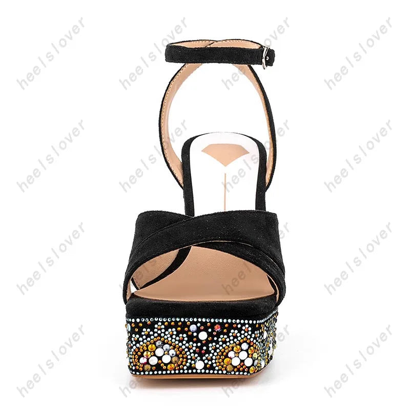 Elegant Rhinestone Square Toe Platform Wedge Sandals for Women