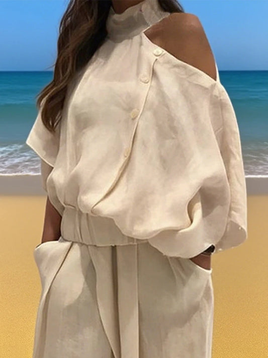 elegant women's clothes fashion Irregularity Loose Hollow Solid Color Cold Shoulder Blouses&Shirts lady's creamy Tops